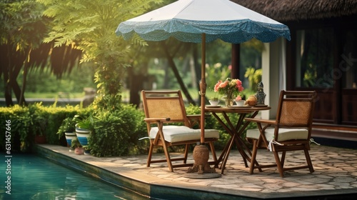 Cafe table with chair and parasol umbrella in the garden