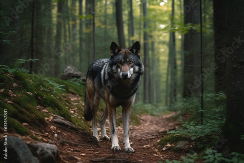 Encounter the awe inspiring presence of a big, scary, and majestic lone wolf traversing a forest path or trail, exuding untamed wilderness. Ai generated photo