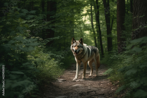 Encounter the awe inspiring presence of a big, scary, and majestic lone wolf traversing a forest path or trail, exuding untamed wilderness. Ai generated © dragomirescu