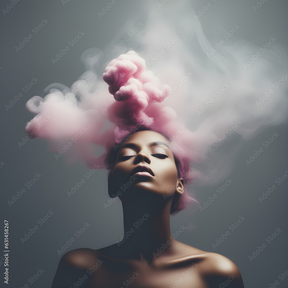 Unclouded Clarity: Woman Emerging from Pink Smoke. Generative AI.