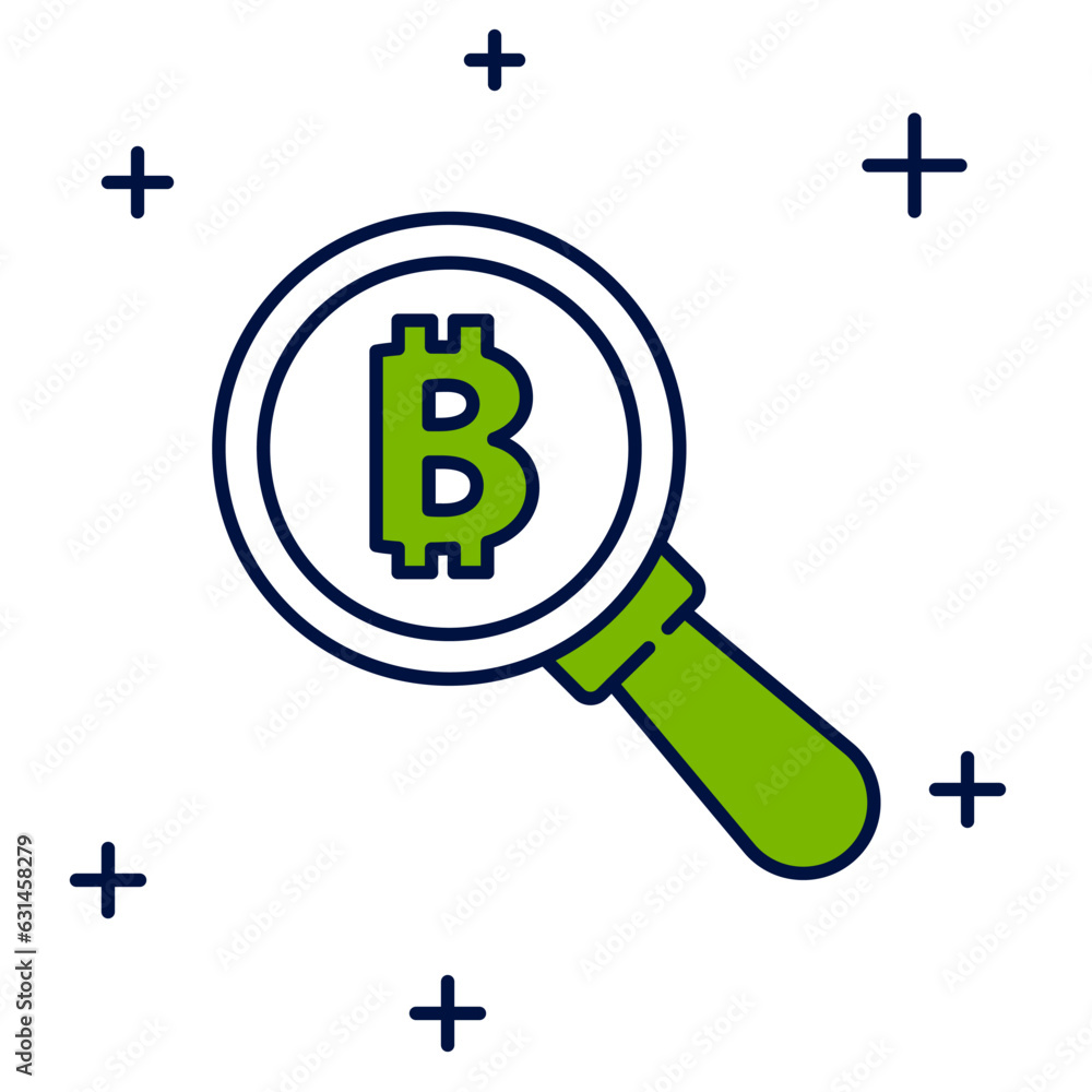 Filled outline Magnifying glass with Bitcoin icon isolated on white background. Physical bit coin. Blockchain based secure crypto currency. Vector Filled outline Magnifying glass with Bitcoin icon isolated on white background. Physical bit coin. Blockchain based secure crypto currency. Vector