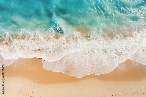 Relaxing aerial beach scene  summer vacation holiday template banner. Waves surf with amazing blue ocean lagoon  sea shore  coastline. Perfect aerial drone top view.  Ai Generative