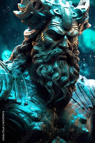 The gods of the sea Zeus god Necronomicon gods of the sea god, futuristic, sci-fi elements, dark bronze and light azure, close up. photo