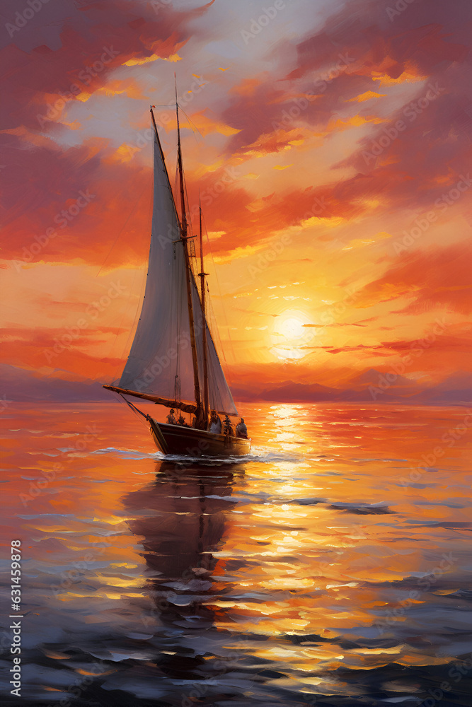 sailboat at sunset in open sea illustration 