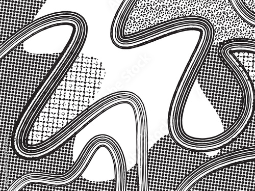 Canvas Print Abstract swirling wavy grungy brush stroke lines with polka dots and random decorative elements vector background isolated