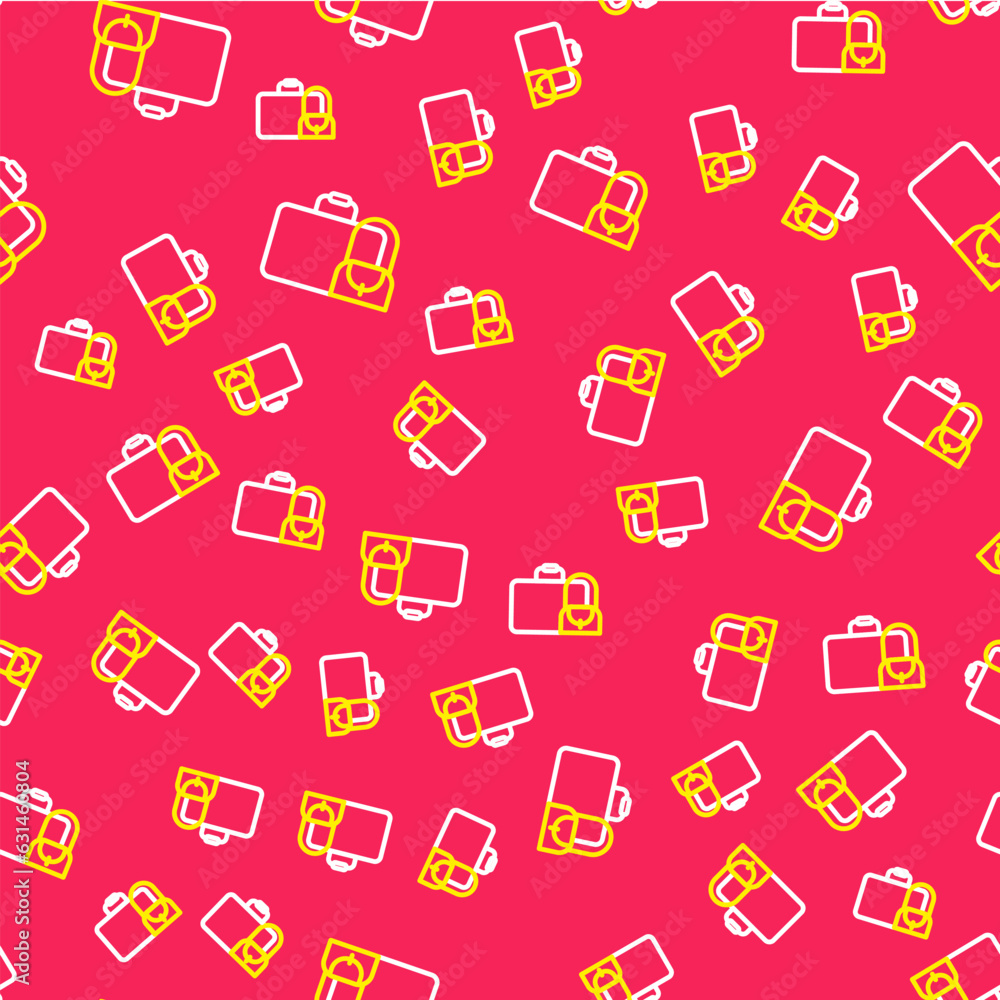Line Suitcase for travel icon isolated seamless pattern on red background. Traveling baggage sign. Travel luggage icon. Vector Line Suitcase for travel icon isolated seamless pattern on red background. Traveling baggage sign. Travel luggage icon. Vector