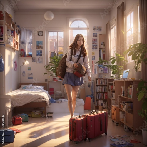 the girl packed her suitcases to go to the school dormitory,  The girl packed her suitcases to go on vacation. photo
