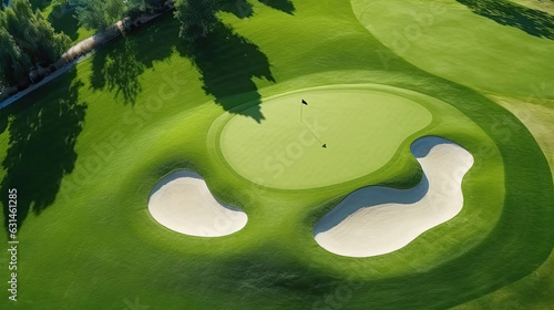 Aerial view of Golf Course with putting green. Golf course with a rich green turf beautiful scenery. Golf field. Generative Ai