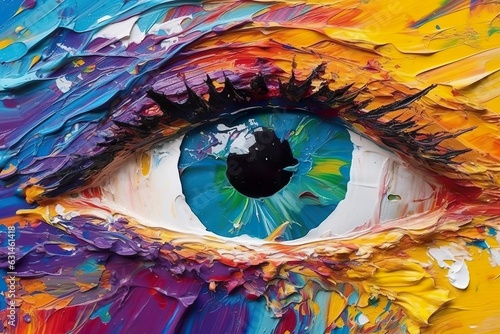 “Fluorite” oil painting. Conceptual abstract picture of the eye. Oil painting in colorful colors. Conceptual abstract closeup of an oil painting and palette knife on canvas.  photo