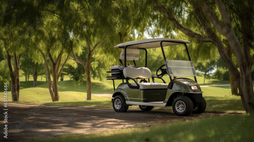 A Golf car, Golf car on the golf course. Generative Ai