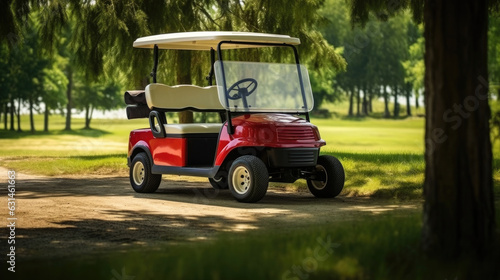 A Golf car, Golf car on the golf course. Generative Ai