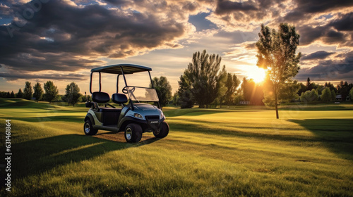 A Golf car, Golf cart car in fairway of golf course with fresh green grass field and cloud sky and tree at sunset. Generative Ai photo