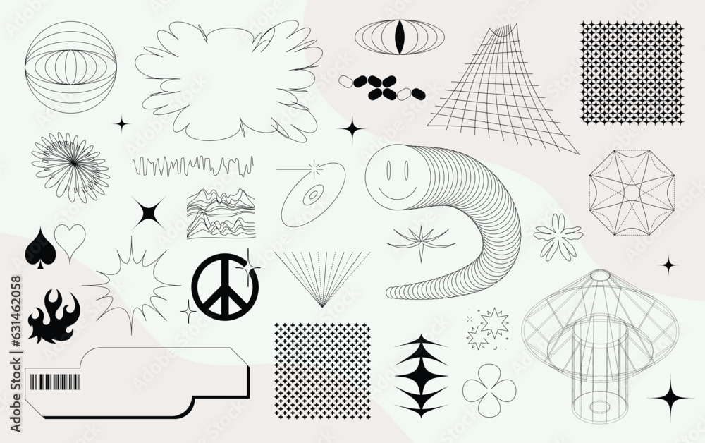Trendy geometric Y2K aesthetic brutalism styled linear shapes and forms. Set including stars, deformation, bubbles, arrows and other trendy shapes.