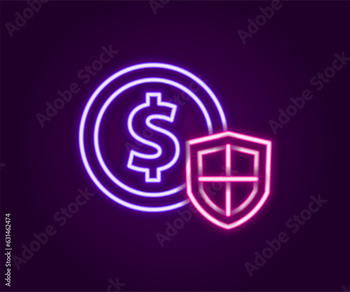 Glowing neon line Money with shield icon isolated on black background. Insurance concept. Security, safety, protection, protect concept. Colorful outline concept. Vector