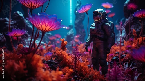 Astonaut in an alien world among colourful plants, Generative AI photo