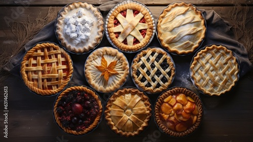 Various traditional pies. Top view with copy space. Home Baking Generative AI
