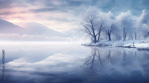 winter landscape with beautiful reflection in the water Generative AI