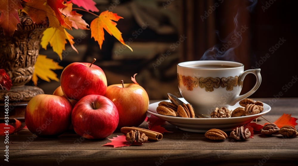 Enjoying fruits of autumn - apple, coffee and walnut on table Generative AI Enjoying fruits of autumn - apple, coffee and walnut on table Generative AI