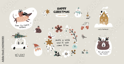 Merry Christmas stickers with cute characters Santa, trees, gifts, cozy home. Hand drawn New year prints with cute traditional design elements. Christmas greeting illustration with wishes quotes