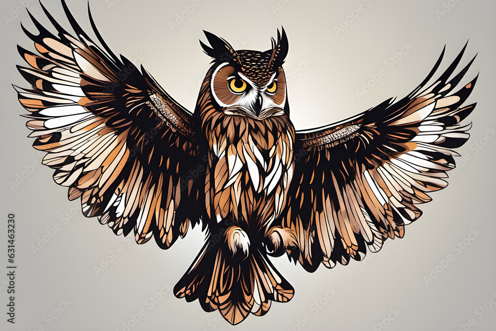 A beautiful design depicting an owl flying with outstretched wings - obrazy, fototapety, plakaty 