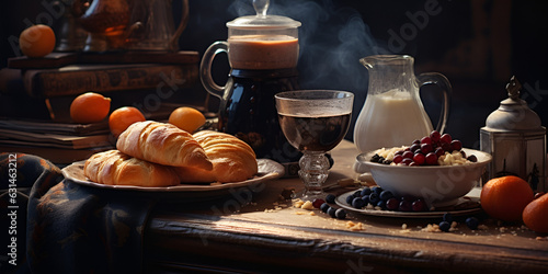 Breakfast with croissants, ricotta cheese, figs, fresh berries, prosciutto meat, honey and espresso coffee on rustic wooden table, dark blue plywood wall background, selective focus, 