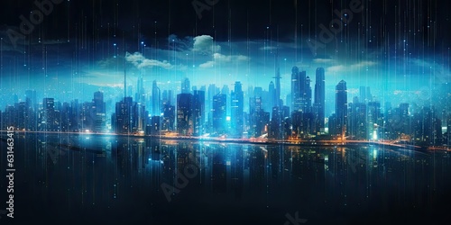 Bright and colorful tech city. Futuristic illuminated cityscape in neon glow. Modern skyscrapers in blue sky. Futuristic landscape