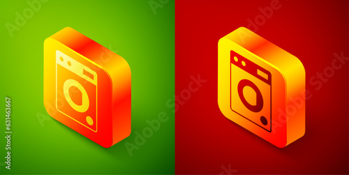 Isometric Washer icon isolated on green and red background. Washing machine icon. Clothes washer - laundry machine. Home appliance symbol. Square button. Vector