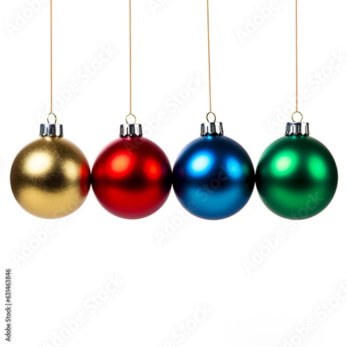 Row of colorful Christmas Glass Balls, used for decorating. Green, Red, Blue and golden colors. Isolated on a white background. 