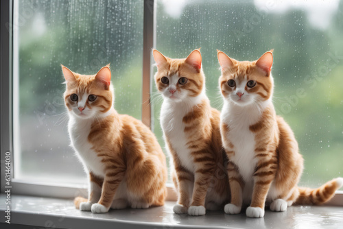 Realistic photo close up of cute cat sitting next to glass window, rainning outside
