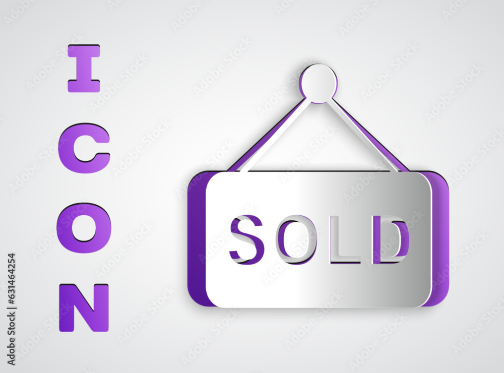 Paper cut Hanging sign with text Sold icon isolated on grey background. Auction sold. Sold signboard. Bidding concept. Auction competition. Paper art style. Vector Paper cut Hanging sign with text Sold icon isolated on grey background. Auction sold. Sold signboard. Bidding concept. Auction competition. Paper art style. Vector
