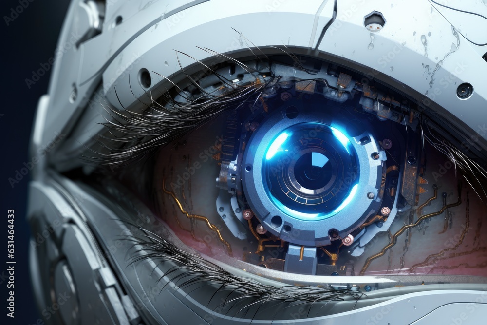 View of the eye of futuristic robot View of the eye of futuristic robot