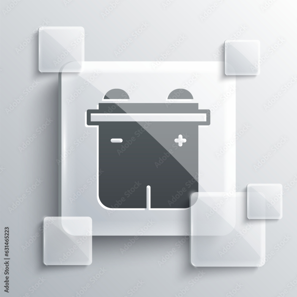 Grey Car battery icon isolated on grey background. Accumulator battery energy power and electricity accumulator battery. Square glass panels. Vector Grey Car battery icon isolated on grey background. Accumulator battery energy power and electricity accumulator battery. Square glass panels. Vector