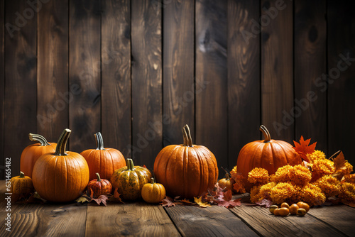 Halloween background. Halloween concept of pumpkins on wooden surface. Copy space for text Halloween season. 