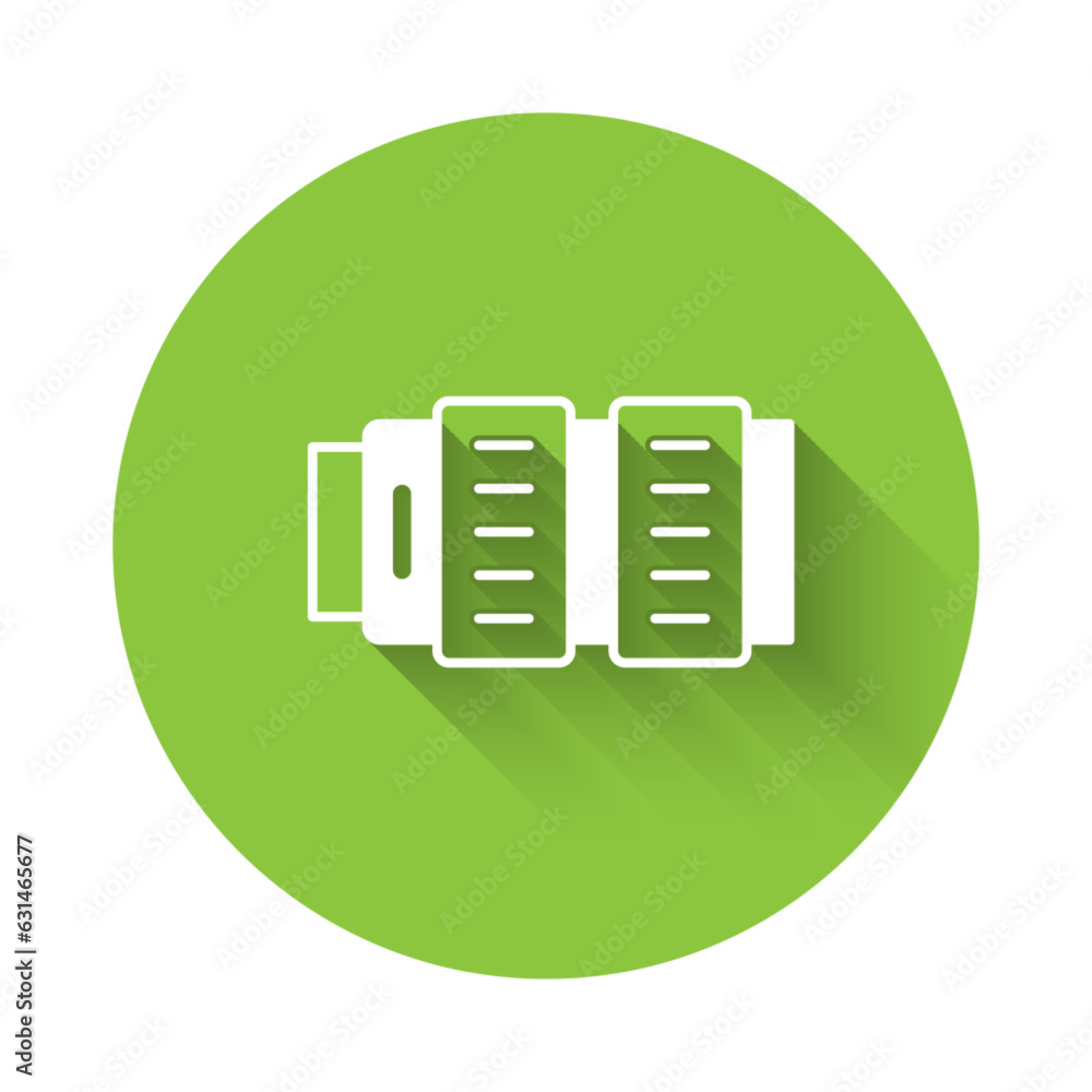 White Camera photo lens icon isolated with long shadow background. Green circle button. Vector White Camera photo lens icon isolated with long shadow background. Green circle button. Vector