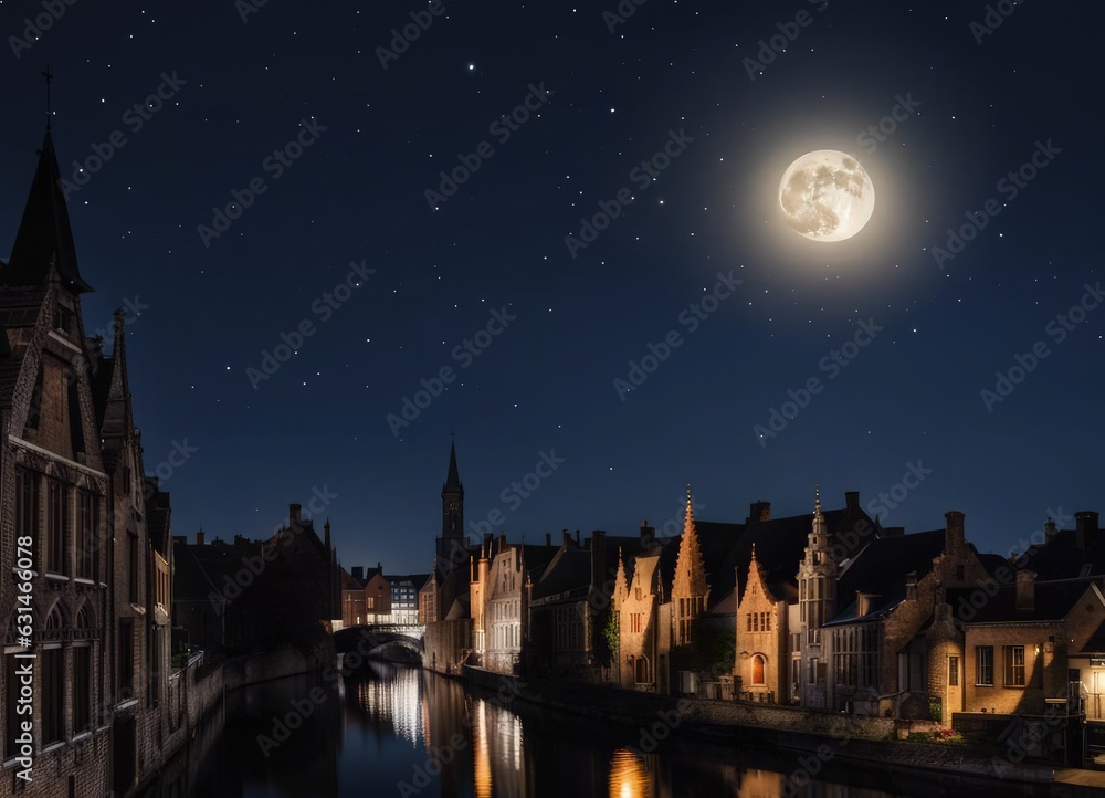 Generic fantasy illustration of the canals in Bruges on a starry night with full moon