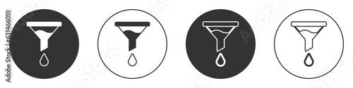Black Funnel or filter icon isolated on white background. Circle button. Vector
