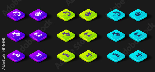 Set Motorcycle, Bungee jumping, Helmet, Snowboard, Jet ski and Parachute icon. Vector