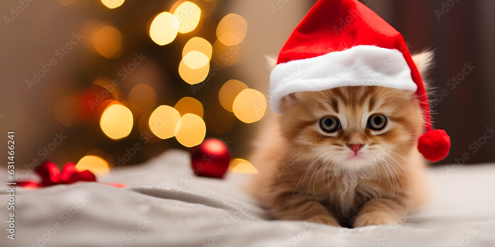 Cute little kitten in red santa hat on christmas background Cute little kitten in red santa hat on christmas background