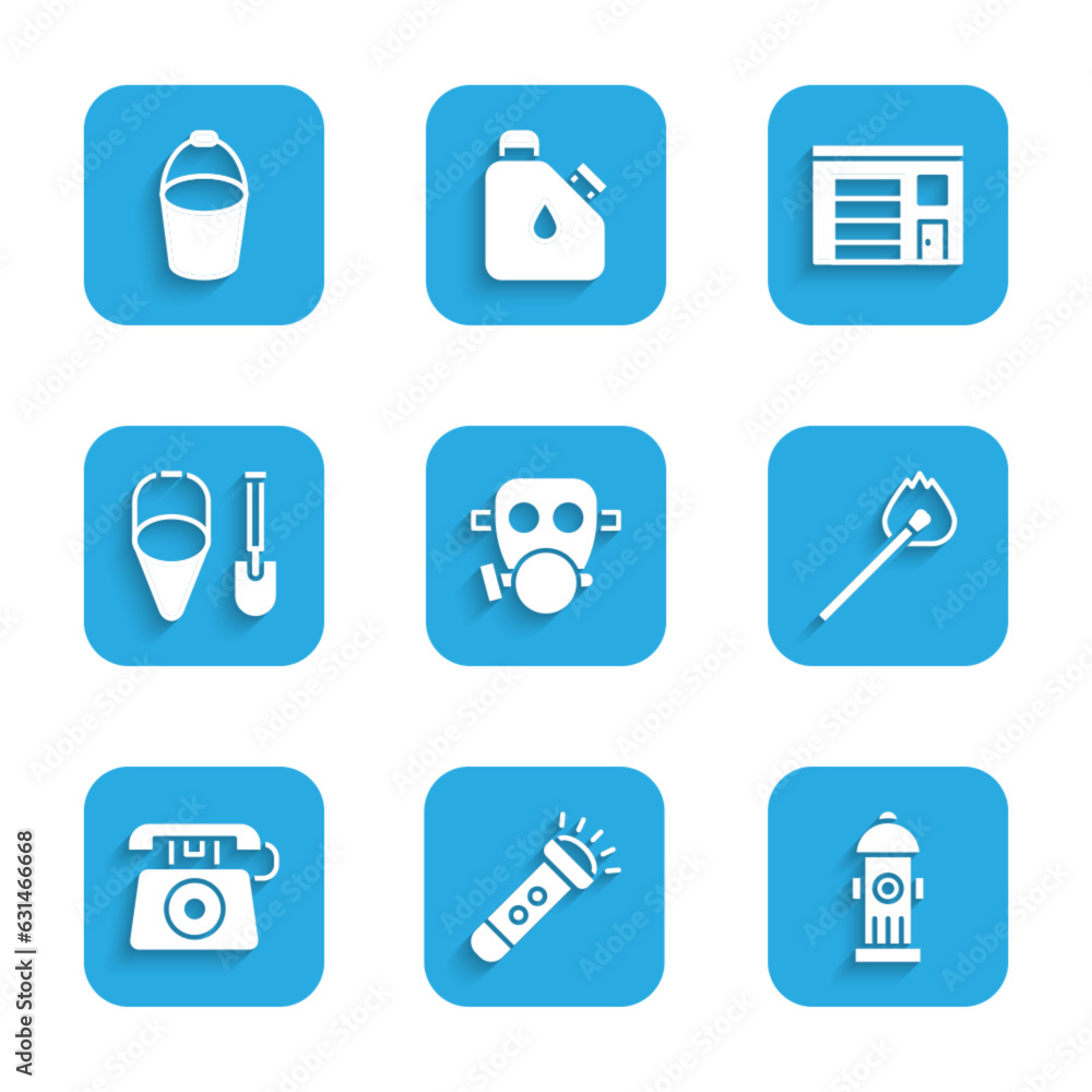 Set Gas mask, Flashlight, Fire hydrant, Burning match with fire, Telephone call 911, shovel and bucket, Building of station and icon. Vector Set Gas mask, Flashlight, Fire hydrant, Burning match with fire, Telephone call 911, shovel and bucket, Building of station and icon. Vector