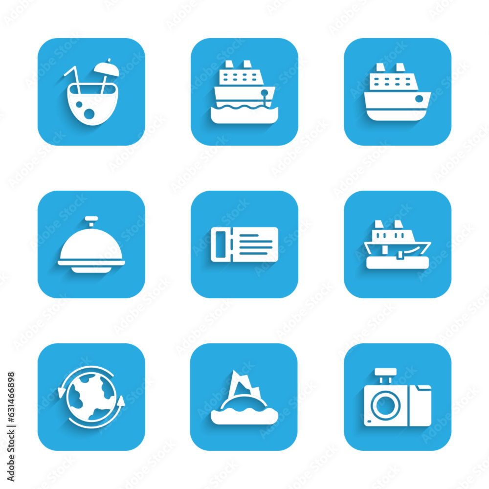 Set Cruise ticket, Tropical island in ocean, Photo camera, ship, Worldwide, Covered with tray, and Coconut cocktail icon. Vector Set Cruise ticket, Tropical island in ocean, Photo camera, ship, Worldwide, Covered with tray, and Coconut cocktail icon. Vector