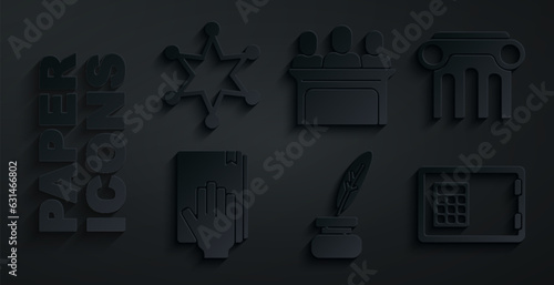 Set Feather and inkwell, Law pillar, Oath on Holy Bible, Safe, Jurors and Hexagram sheriff icon. Vector