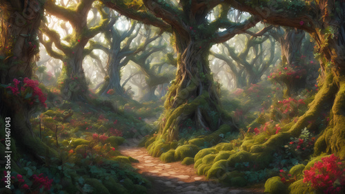 Landscape illustration of fairytale forest with flowers