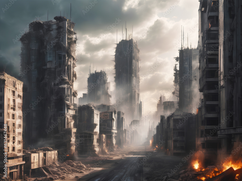 Bird view landscape of doomsday broken deserted city