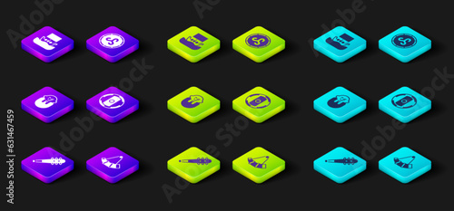 Set Mace with spikes, Hunting horn, Viking head, Shield viking, and ship Drakkar icon. Vector