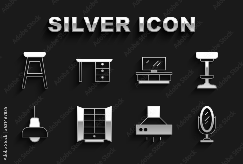 Set Wardrobe, Chair, Mirror, Kitchen extractor fan, Lamp hanging, TV table stand, and Office desk icon. Vector Set Wardrobe, Chair, Mirror, Kitchen extractor fan, Lamp hanging, TV table stand, and Office desk icon. Vector