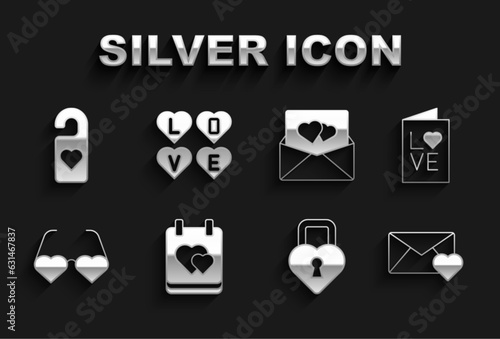 Set Calendar with heart, Valentines day party flyer, Envelope, Castle the shape of, Heart shaped love glasses, Please do not disturb and Love text icon. Vector