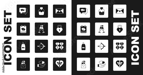 Set Envelope with Valentine heart, Glass of champagne, Calendar, Heart speech bubble, Castle the shape, Wedding cake, Love text and Please do not disturb icon. Vector