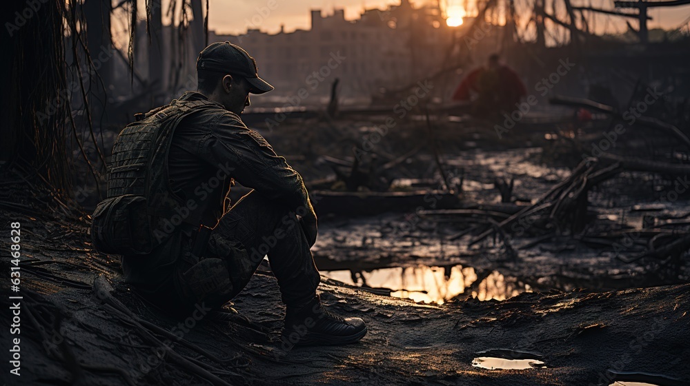 A soldier looks at the ruined city with his head bowed. A ruined building in the background. Generative AI