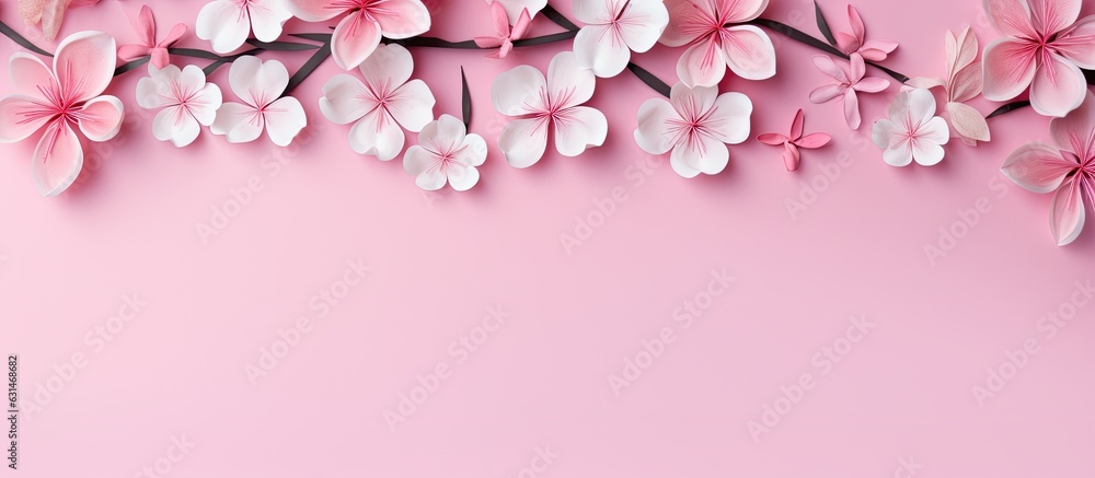 A greeting card with a pink background and pink flowers arranged in a pattern, placed on a flat