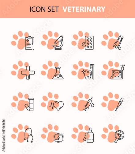Veterinary clinic icon set: diagnostics, health check, surgery, biological tests, pet vaccination, microchipping, ultrasound, treatment. Line vector icons isolated on white background.Web icon set